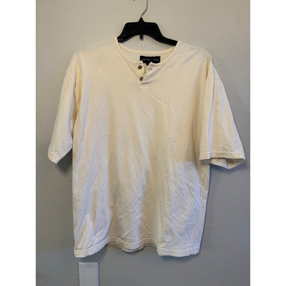 Vintage Anchor Blue Henley Shirt Mens Large Cream Short Sleeve USA Made